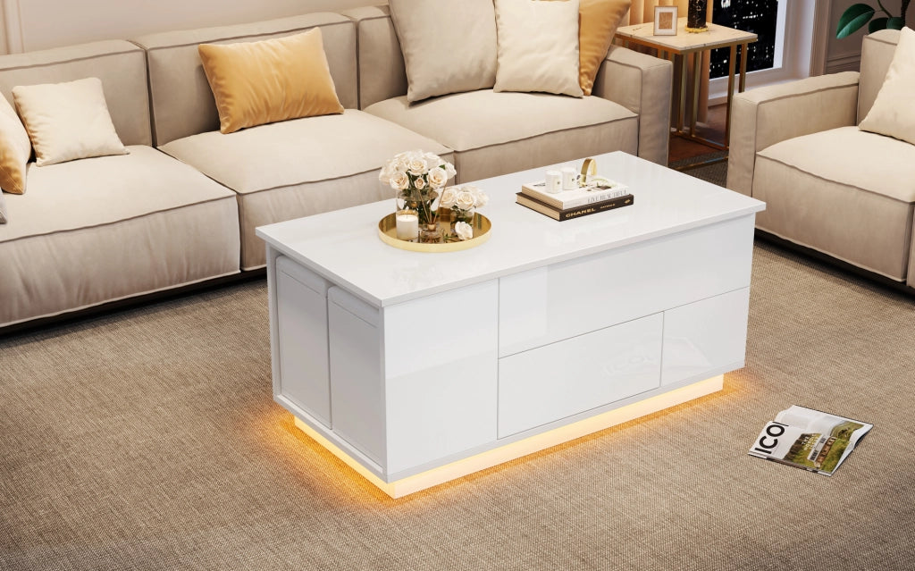 TAVOLINO DA CAFFÈ Sollevabile 100x50x45 cm Bianco con LED e 2 Pouf