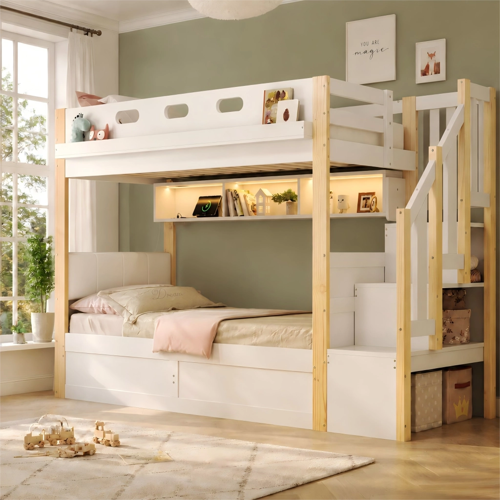 Letto a castello 90 × 200 cm con contenitore idraulico scala contenitore LED USB struttura in legno bianco