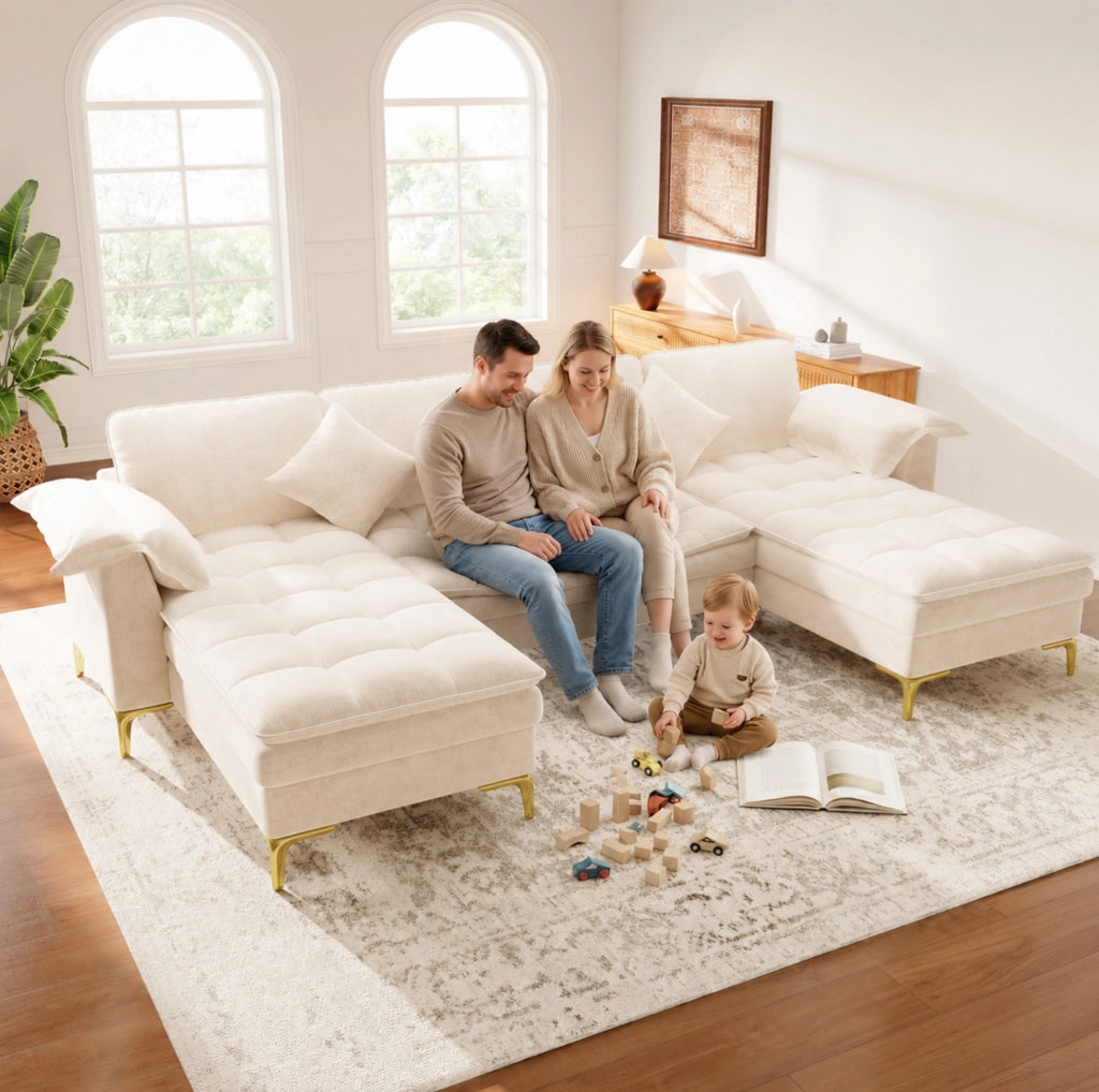 DIVANO A U 4-5 POSTI 262x134x86 cm Chenille Beige con 2 cuscini