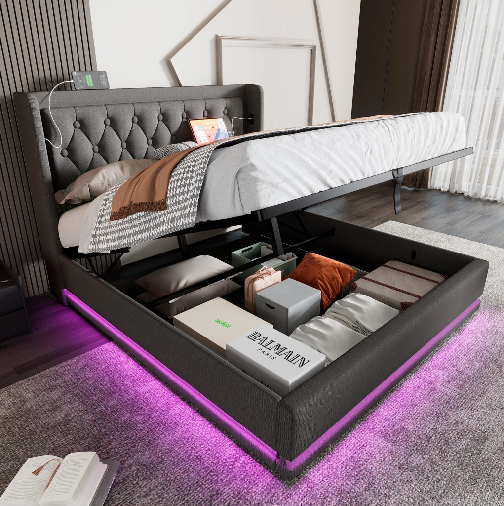 LETTO contenitore 160x200 cm in cotone grigio con LED, USB, Type-C e materasso