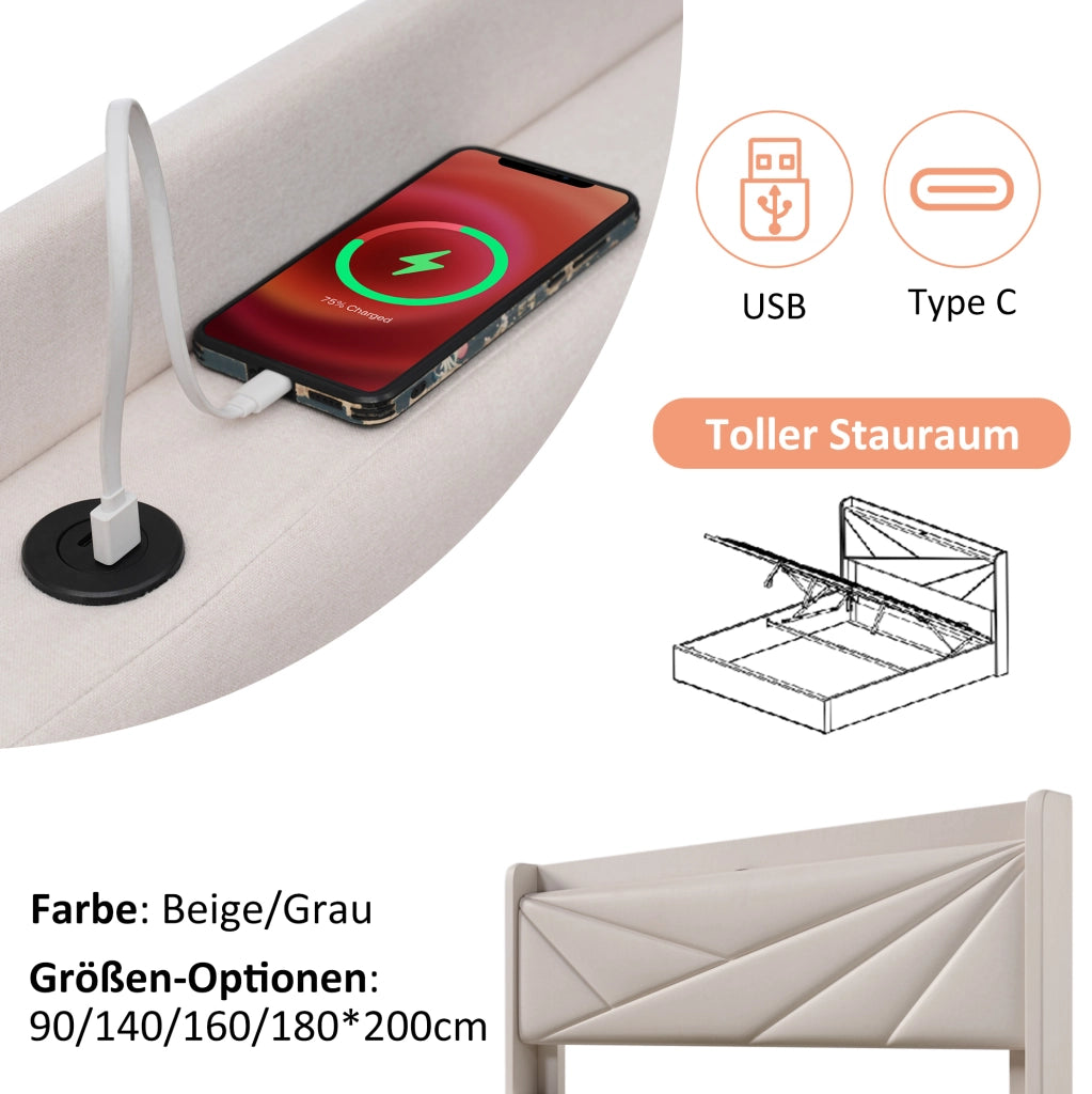 Letto matrimoniale contenitore 160x200 cm in cotone e lino beige con USB e Tipo C
