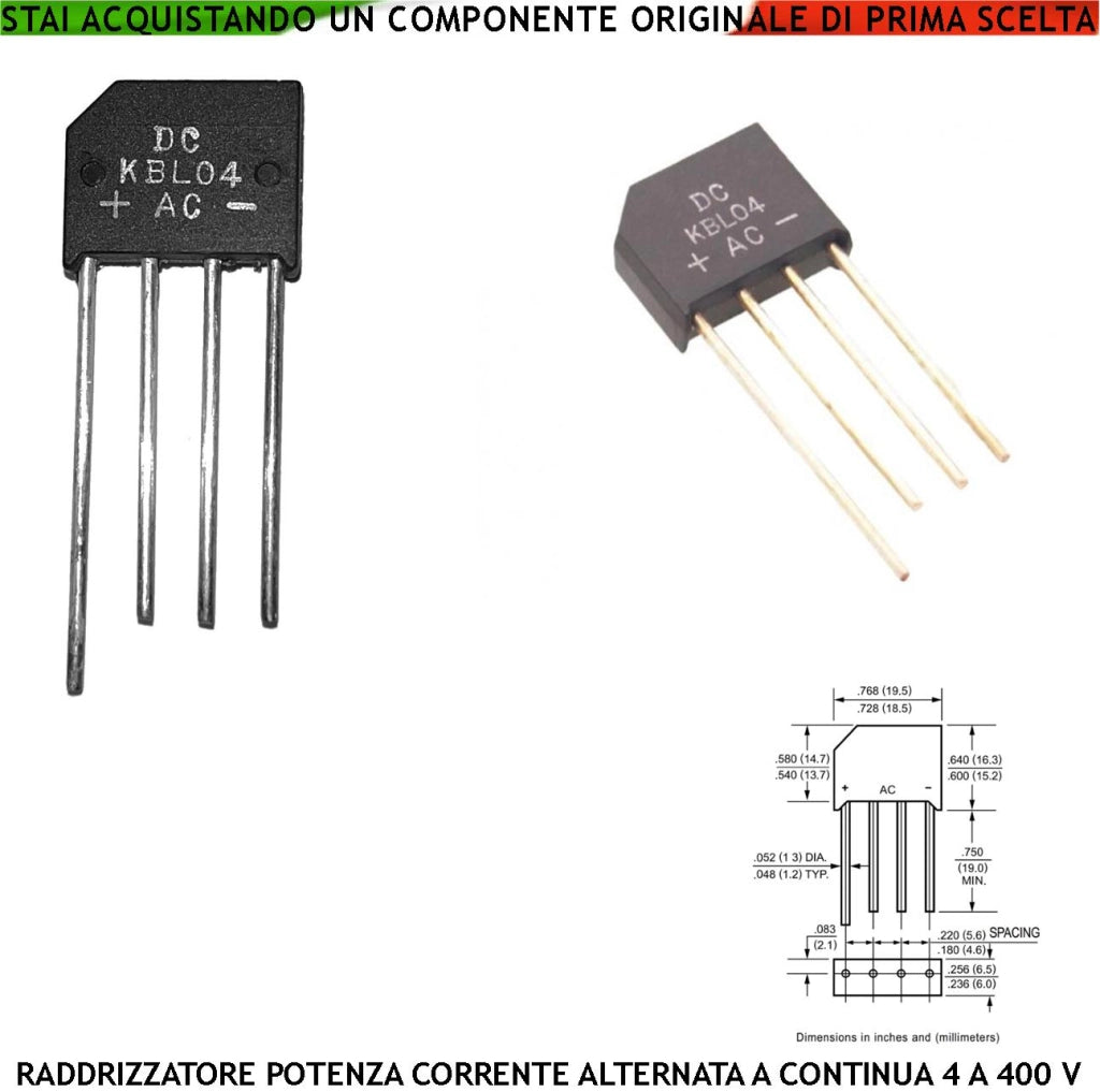 Ponte Diodi Serie KBL04 Raddrizzatore Monofase Contenitore Ermetico 4 Reofori Montaggio su Circuito Stampato Tramite Fori Passanti a Saldare Tensione Lavoro 400 Vca 4 Amper Risponde alla Norma ROHS3
