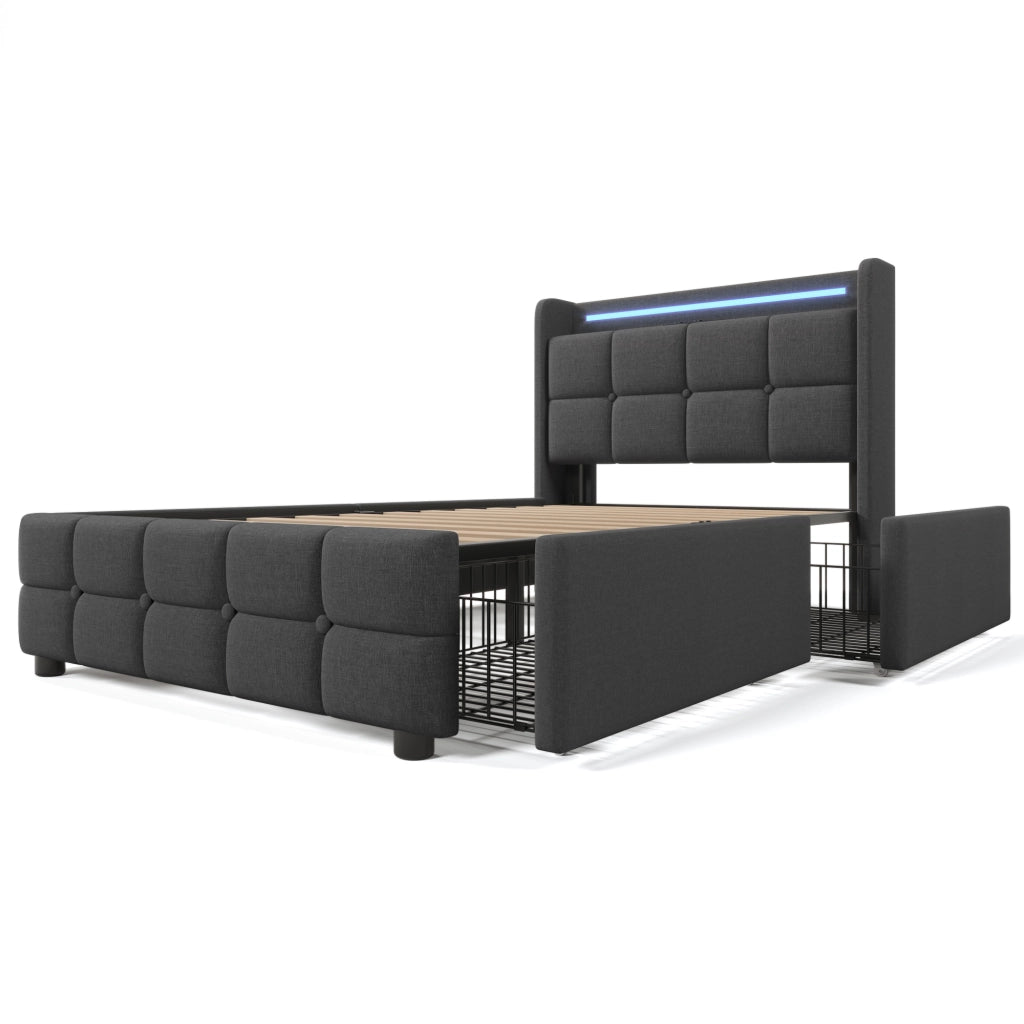 Letto imbottito con USB, LED e 2 cassetti, 90x200 cm, grigio