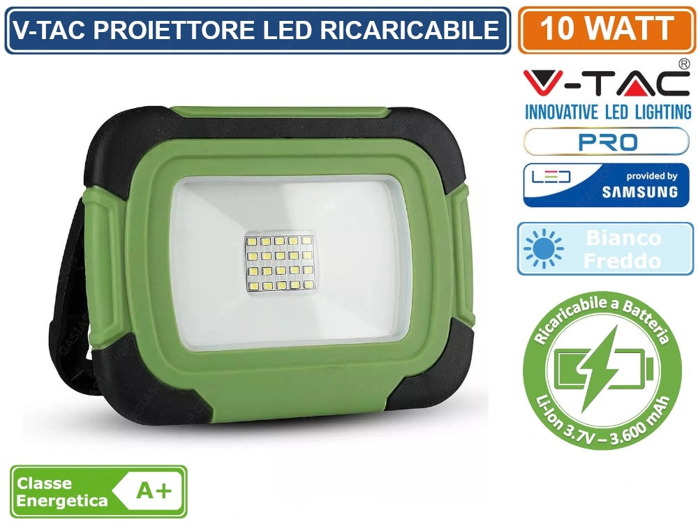 V-TAC PRO VT-10-R FARO LED SMD 10W IP44 RICARICABILE A BATTERIA CON CHIP SAMSUNG BIANCO FREDDO SKU 503