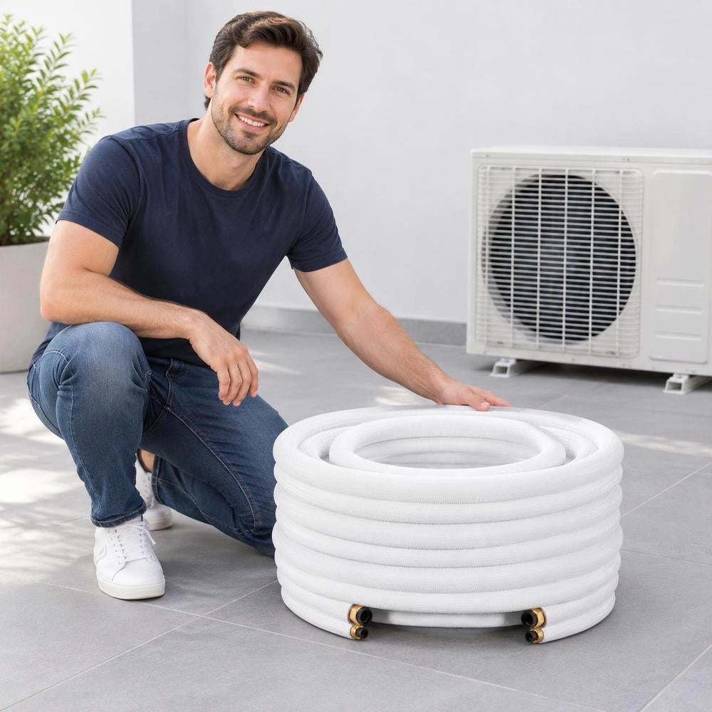 50ft Mini Split Line Set, 1/4 & 3/8 OD AC Copper Tubing Pipe, 3/8 White PE Thickened Insulated Coil With Flared Nuts, Strapping Tapes, For Mini Split Air Conditioner HVAC Or Heat Pump System