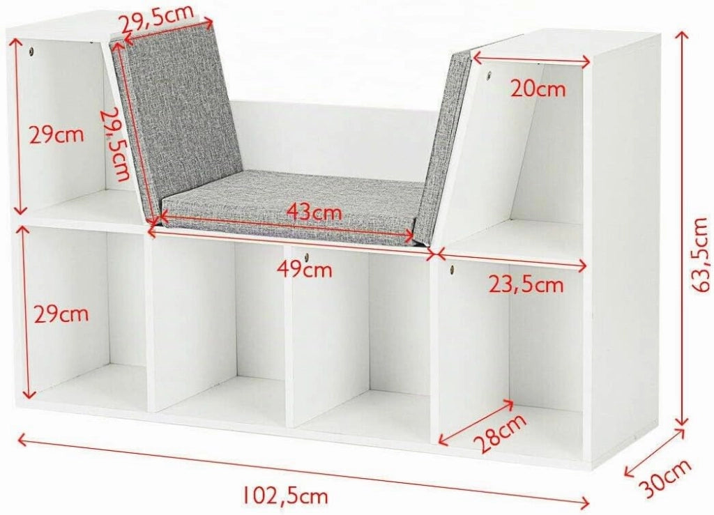 Scaffale per Libri, Libreria Panca in Legno con Cuscini per Bambini (BIanco)