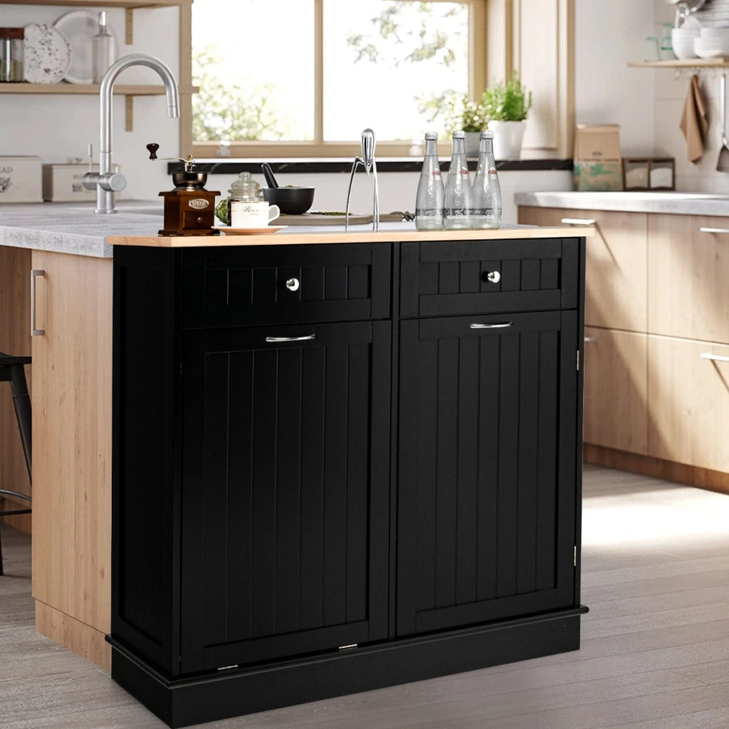 Mobile per pattumiera ribaltabile da cucina, Mobile con vano per pattumiera piano in legno di gomma 2 cassetti Nero