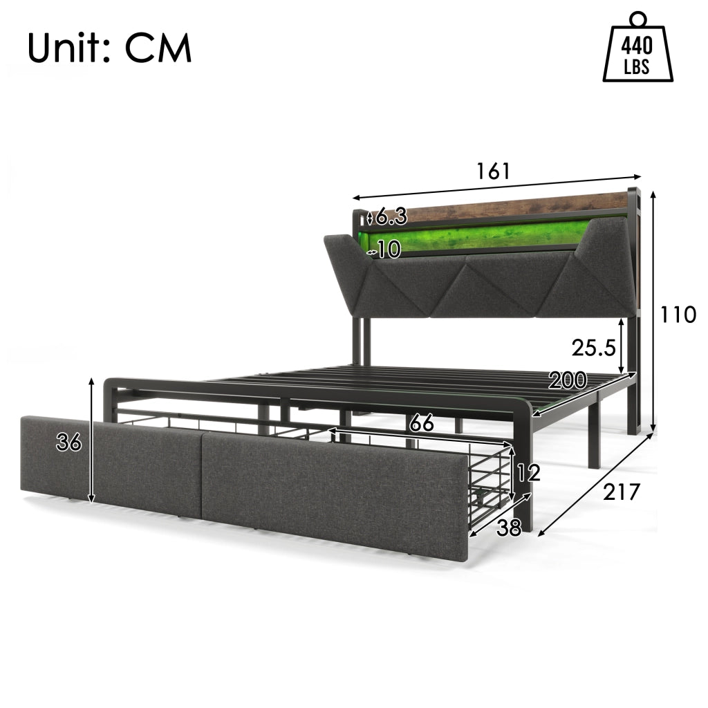 Letto matrimoniale imbottito 160x200 cm grigio con due cassetti