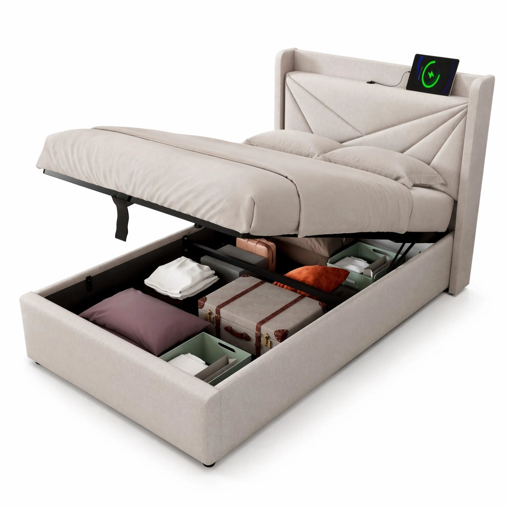 Letto singolo imbottito 90x200 cm con contenitore, testiera con USB e Type-C, beige