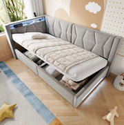 Letto imbottito 90x200 cm con contenitore, LED, USB e Type-C, velluto grigio scuro