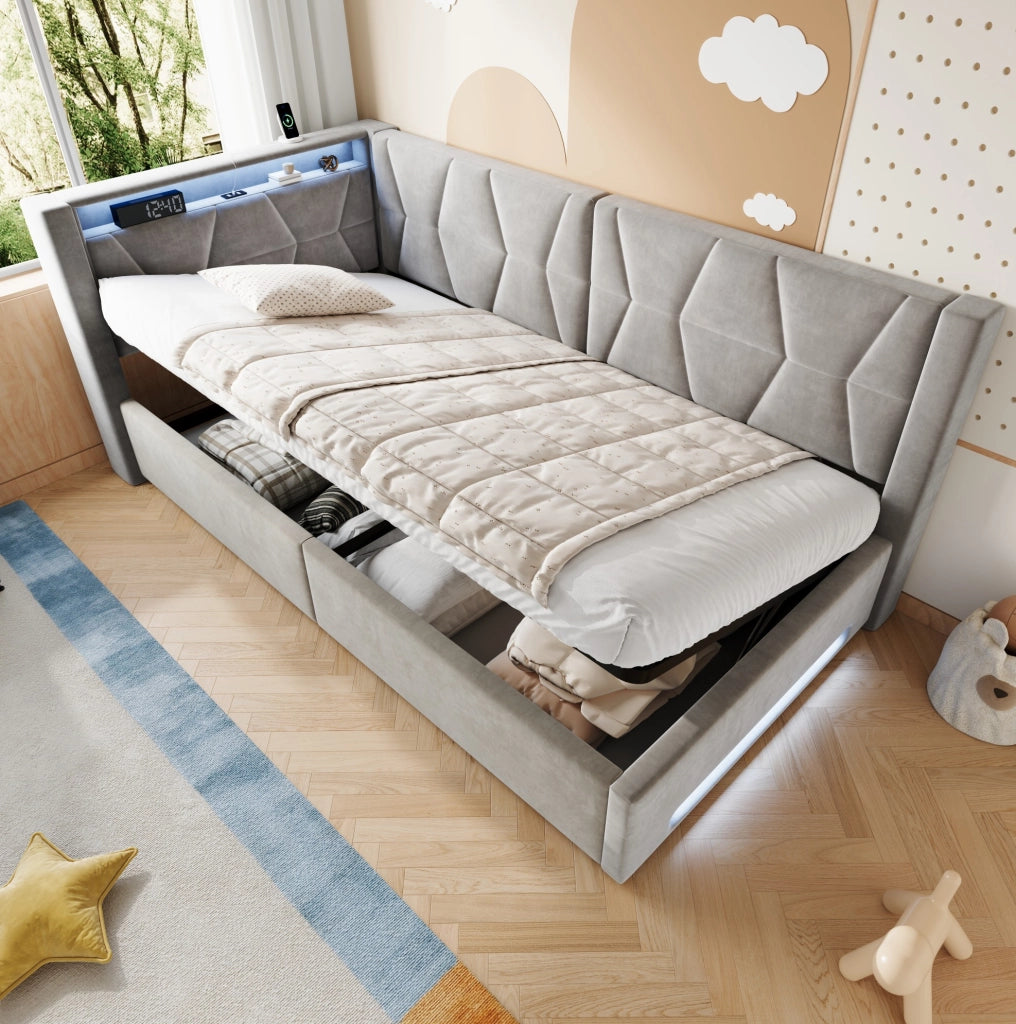 Letto imbottito 90x200 cm con contenitore, LED, USB e Type-C, velluto grigio scuro