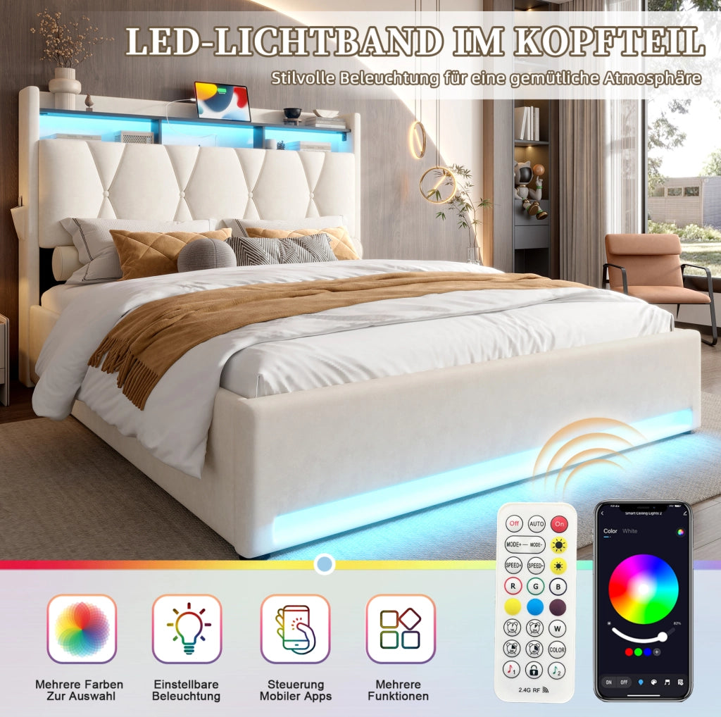 Letto matrimoniale 160x200 cm in velluto beige con LED, USB Type-C e contenitore