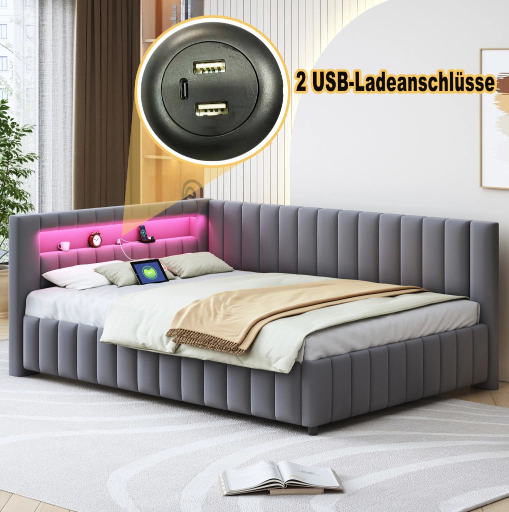 Letto imbottito a L 140x200 cm in velluto grigio con LED e porta USB