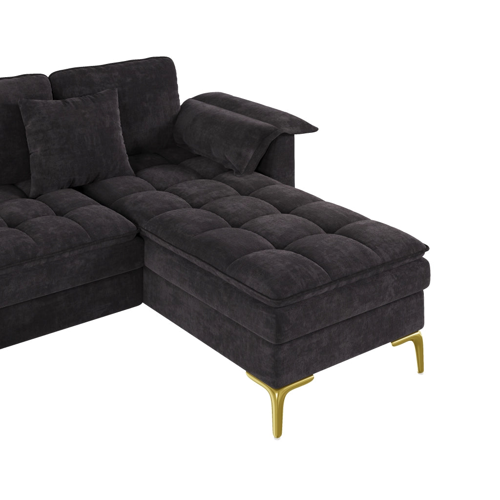 Divano angolare modulare a U 262x134 cm 4-5 posti in chenille nero con 2 cuscini