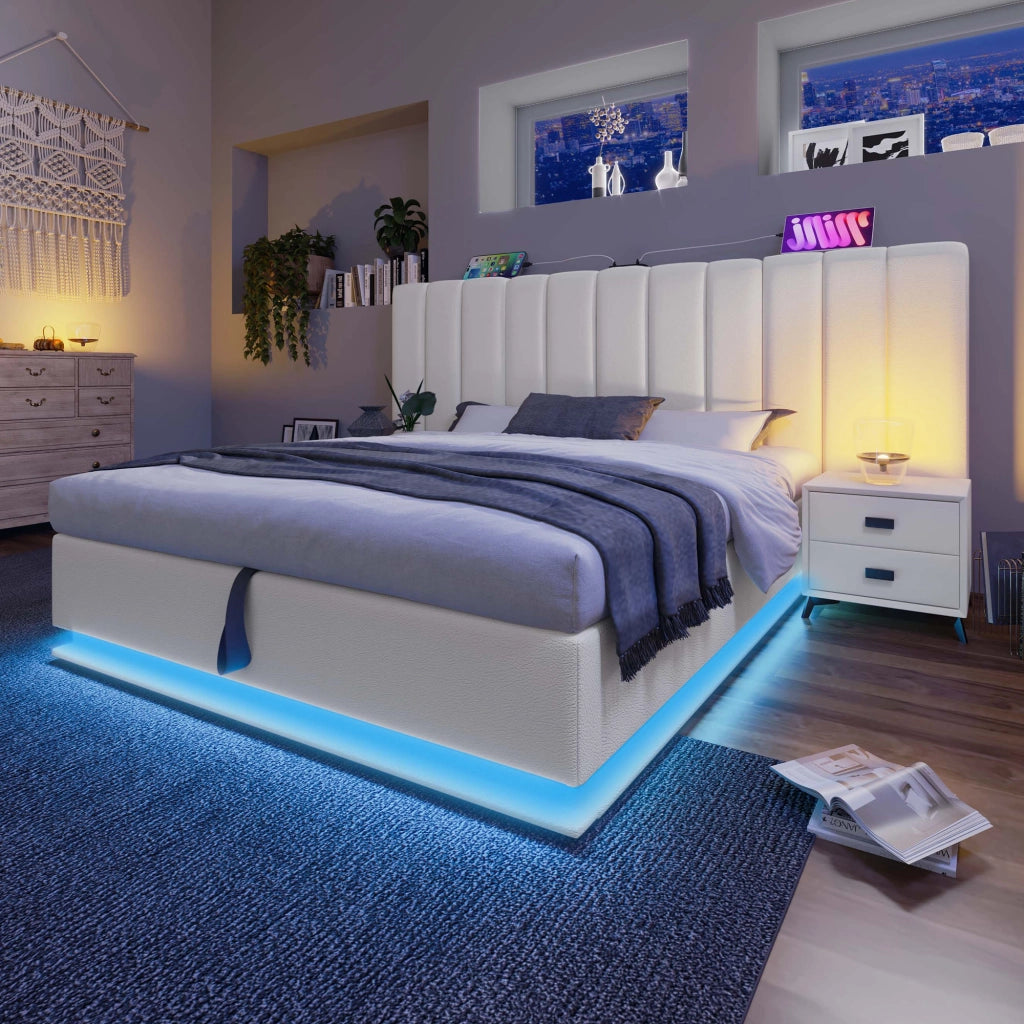 Letto matrimoniale 180x200 contenitore con LED; USB-C; PU bianco