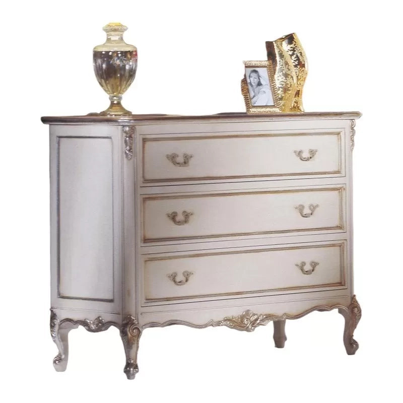 Gruppo cassettiera e comodini 3 cassetti classici legno shabby bianco argento - Mobili 2G
