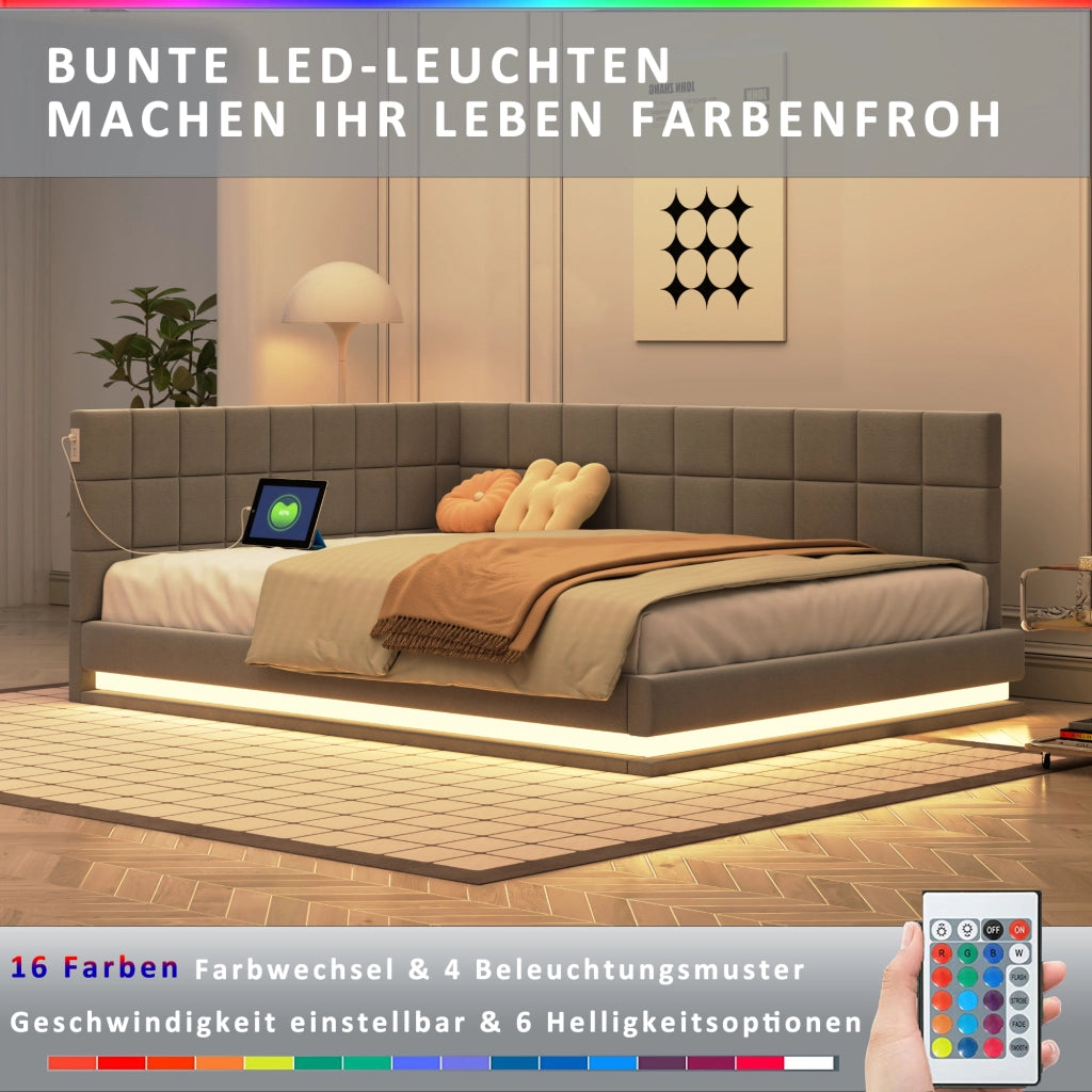 Divano letto 140x200 cm con LED multicolore e porta USB; rete a doghe; lino grigio
