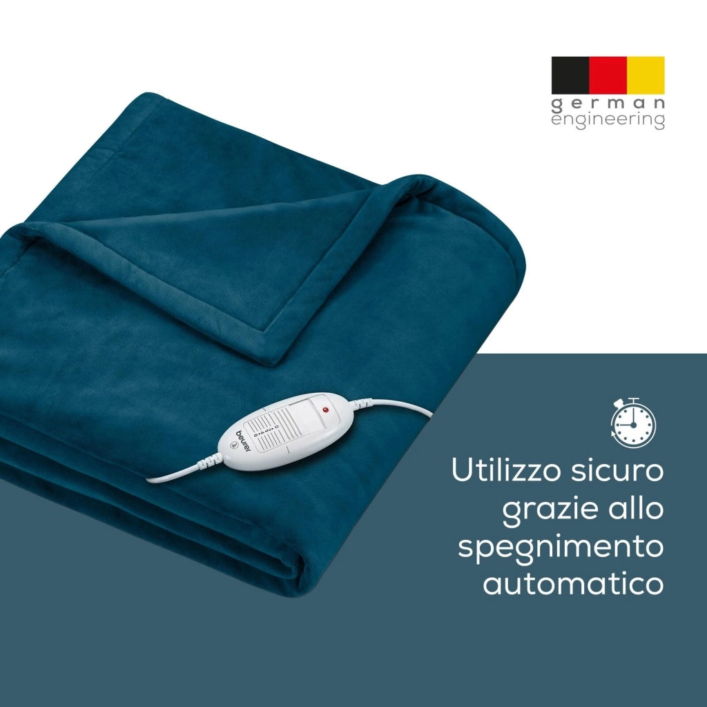 Beurer HD 75 Termocoperta Morbida Coperta Riscaldata, 6 Livelli di Temperatura, Lavabile in Lavatrice, con Spegnimento Automatico ed Extra Sicura 180 x 130 cm, Color Ocean