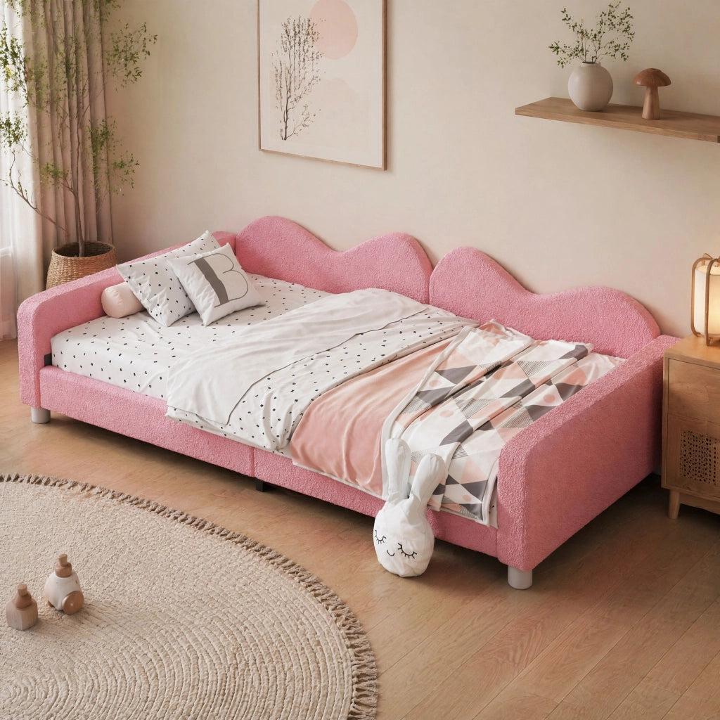 Letto singolo 90 × 200 cm imbottito con rete a doghe; schienale e braccioli; rosa