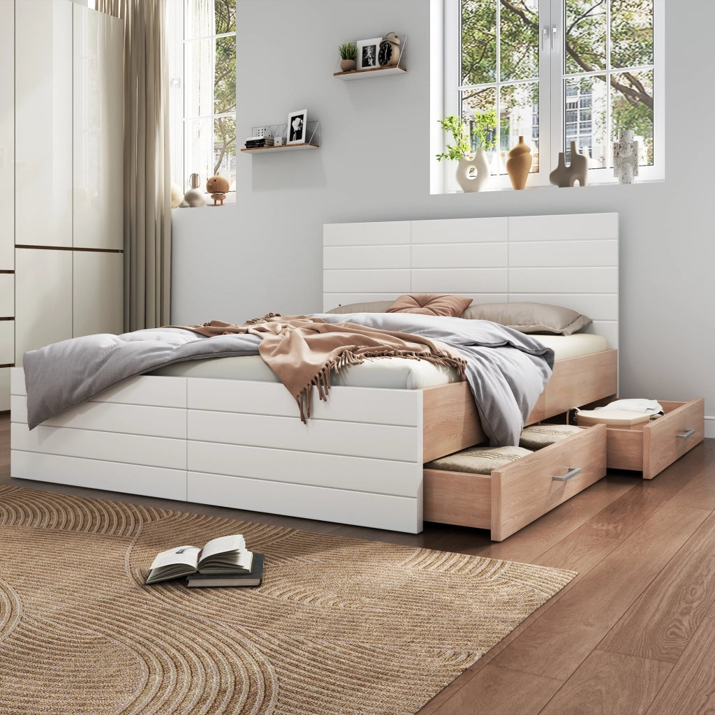 Letto matrimoniale 180x200 con due cassetti bianco e rovere