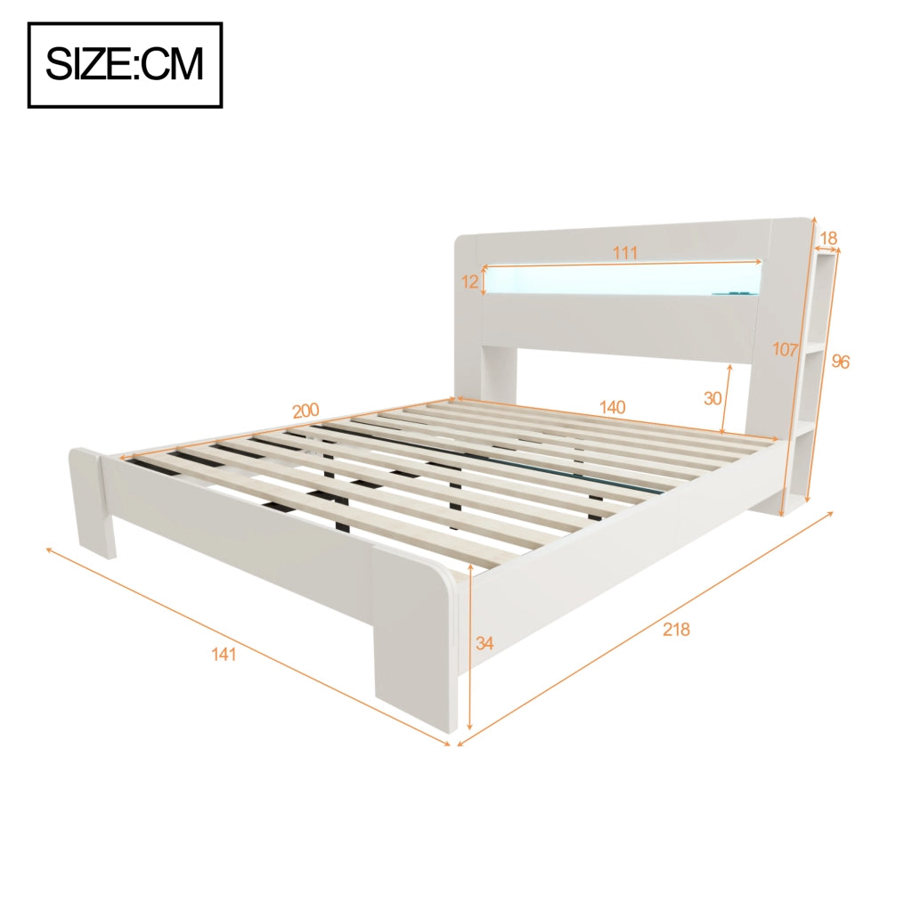 Letto 140x200 cm bianco con testiera a vani; LED e prese integrate