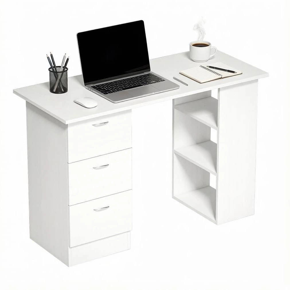 Scrivania da Ufficio in MDF Bianca con 3 Cassetti e 3 Ripiani, 120x49x72 cm