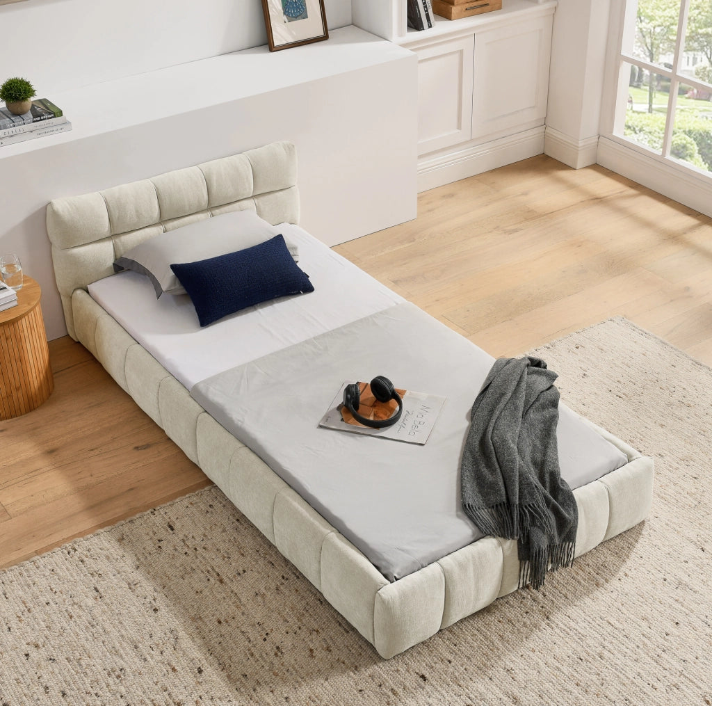 Letto singolo imbottito 90x200 cm beige in ciniglia