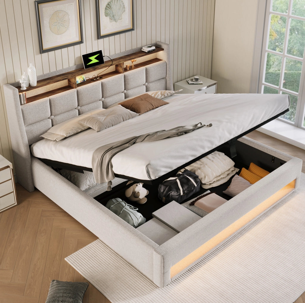 LETTO imbottito LED e USB 160x200 cm Beige con vano contenitore