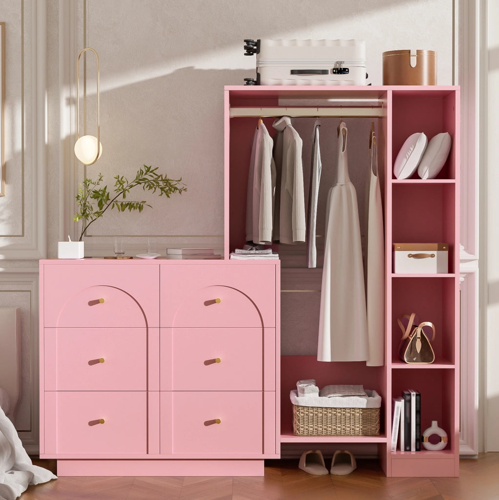 Armadio multifunzione rosa con appendiabiti, 6 cassetti e ripiani