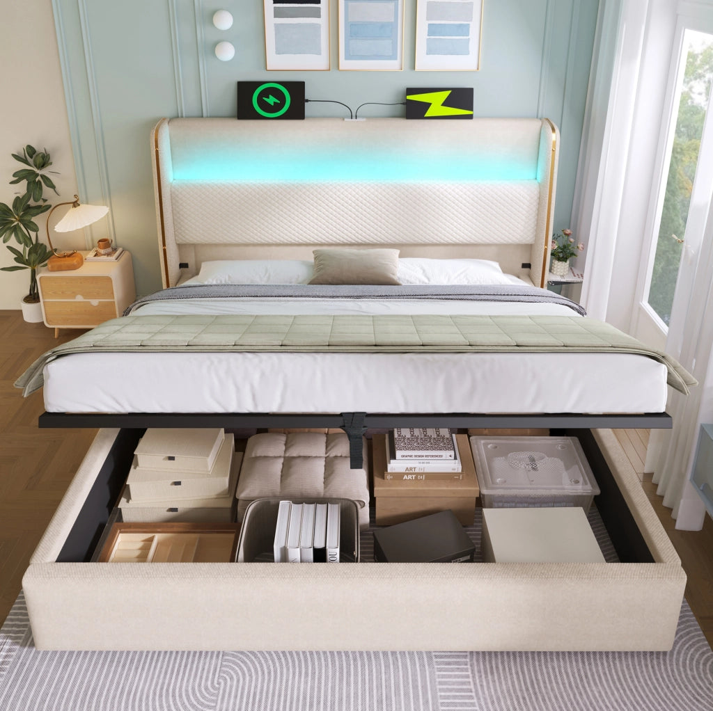 Letto matrimoniale 160x200 con contenitore LED USB-C e materasso