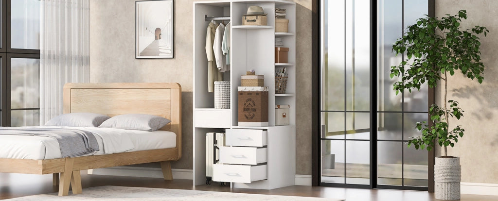 Armadio bianco 70×55×175 cm con ripiani multipli e ampio vano appendiabiti