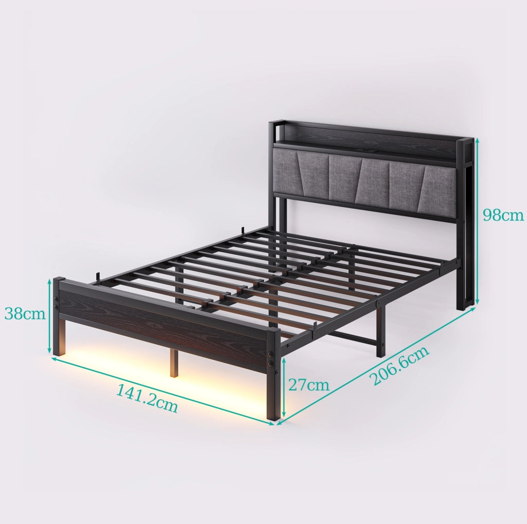 Letto matrimoniale 140x190 cm con LED, USB e testiera contenitore