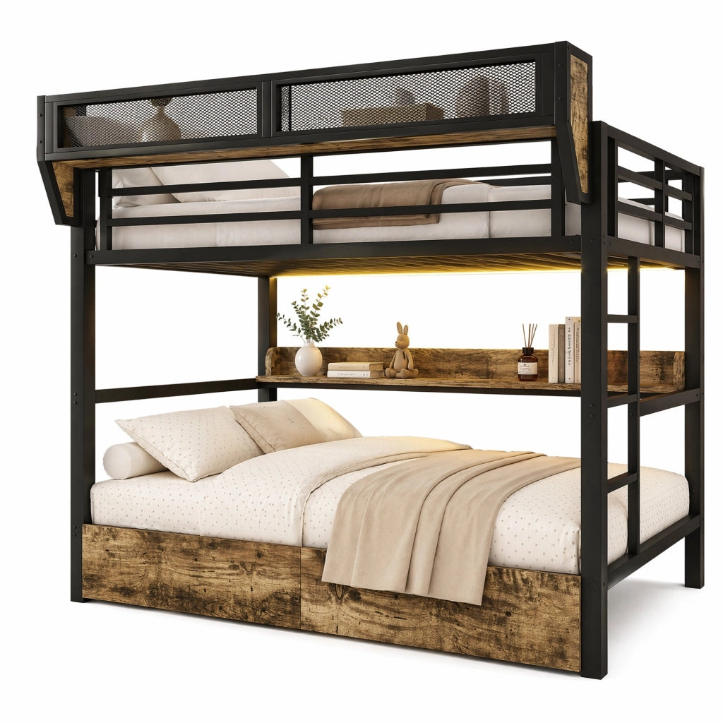 Letto a castello 140 × 200 cm in metallo e MDF nero con LED ripiani cestino e due cassetti