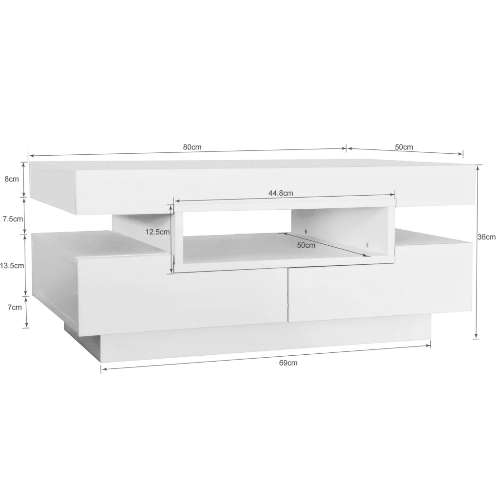 TAVOLO DA CAFFÈ 80x50x36 cm Bianco lucido con LED e 4 cassetti