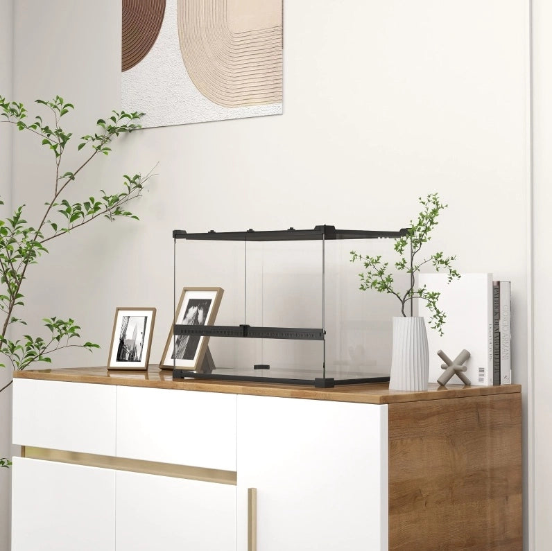 Terrario in vetro ULEVR 50x30x35 cm con base rialzata impermeabile, porte con serratura e coperchio a rete nero
