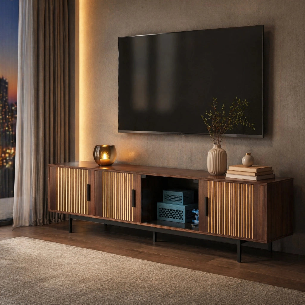 Mobile TV 200x35x53 cm con LED via Bluetooth e app in MDF e truciolare nero e marrone noce