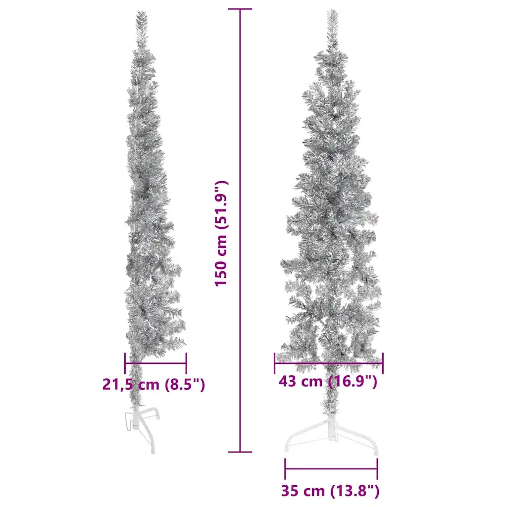 Albero Natale Artificiale Sottile a Met¨¤ Supporto-Albero Natalizio Argento 150cm