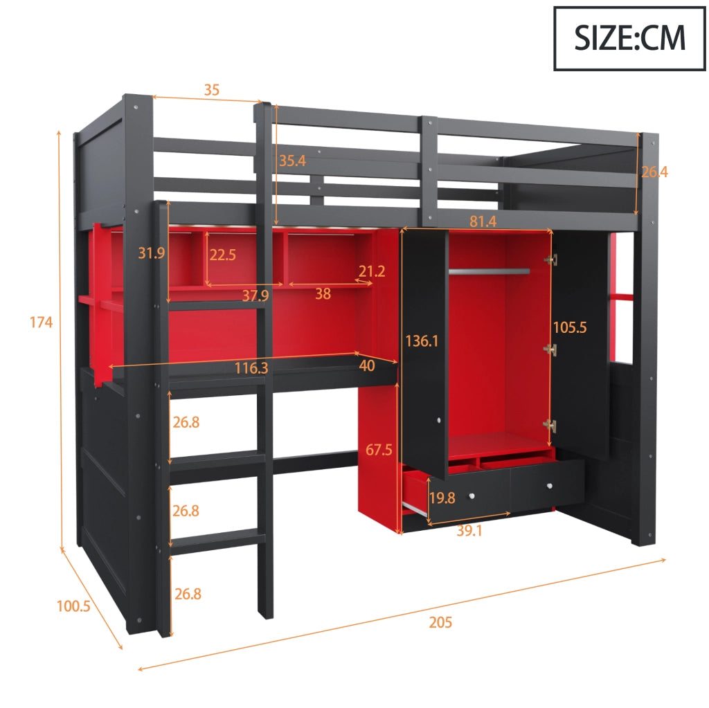 Hochbett 90x200 cm in legno; nero e rosso; con LED; prese; armadio e cassetti