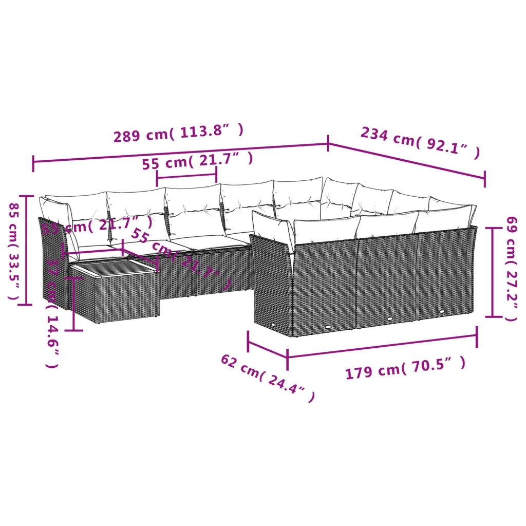 Set Divani da Giardino 11 pz con Cuscini in Polyrattan Nero 3256174