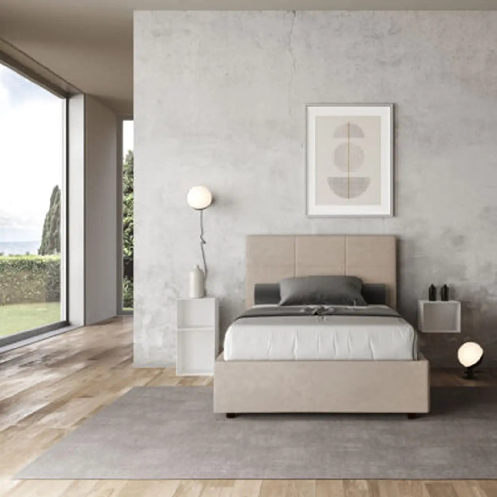 Letto una piazza e mezza senza rete imbottito 120x210 microfibra sabbia Mika