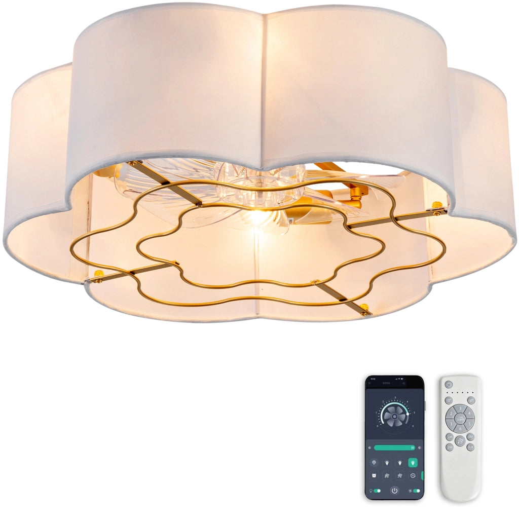 Ventilatore da soffitto con luce; 6 velocità; app Bluetooth e telecomando; 4 portalampade E26. oro e bianco