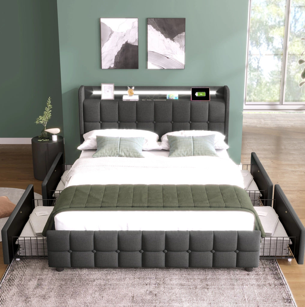 Letto imbottito 160x200 cm con LED; prese e USB; 4 cassetti; grigio