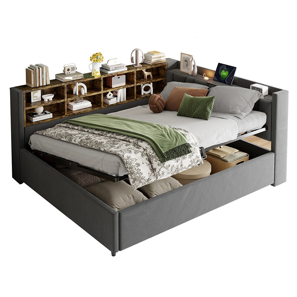 Divano letto-Xylo-140x200 cm-LED, USB-C, velluto grigio scuro