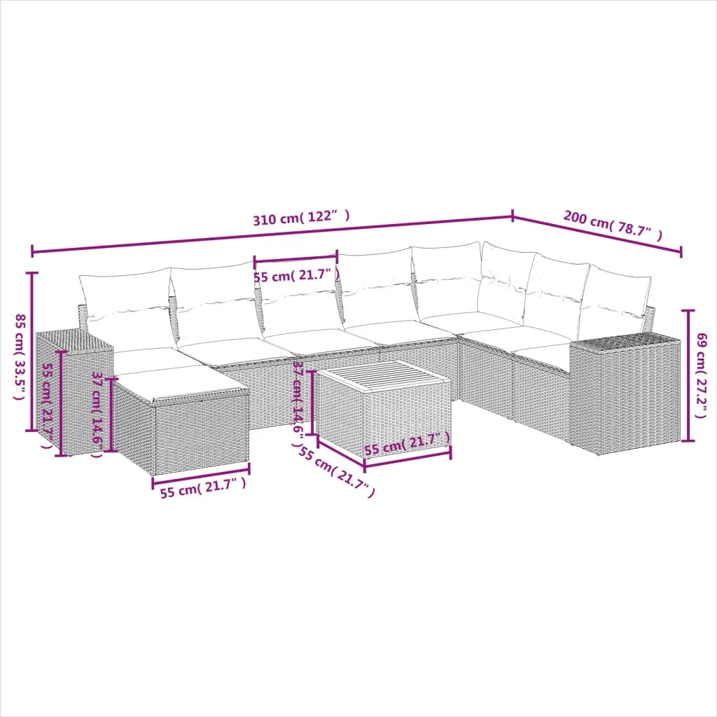Set Divano da Giardino 9 pz con Cuscini Beige in Polyrattan 3225582