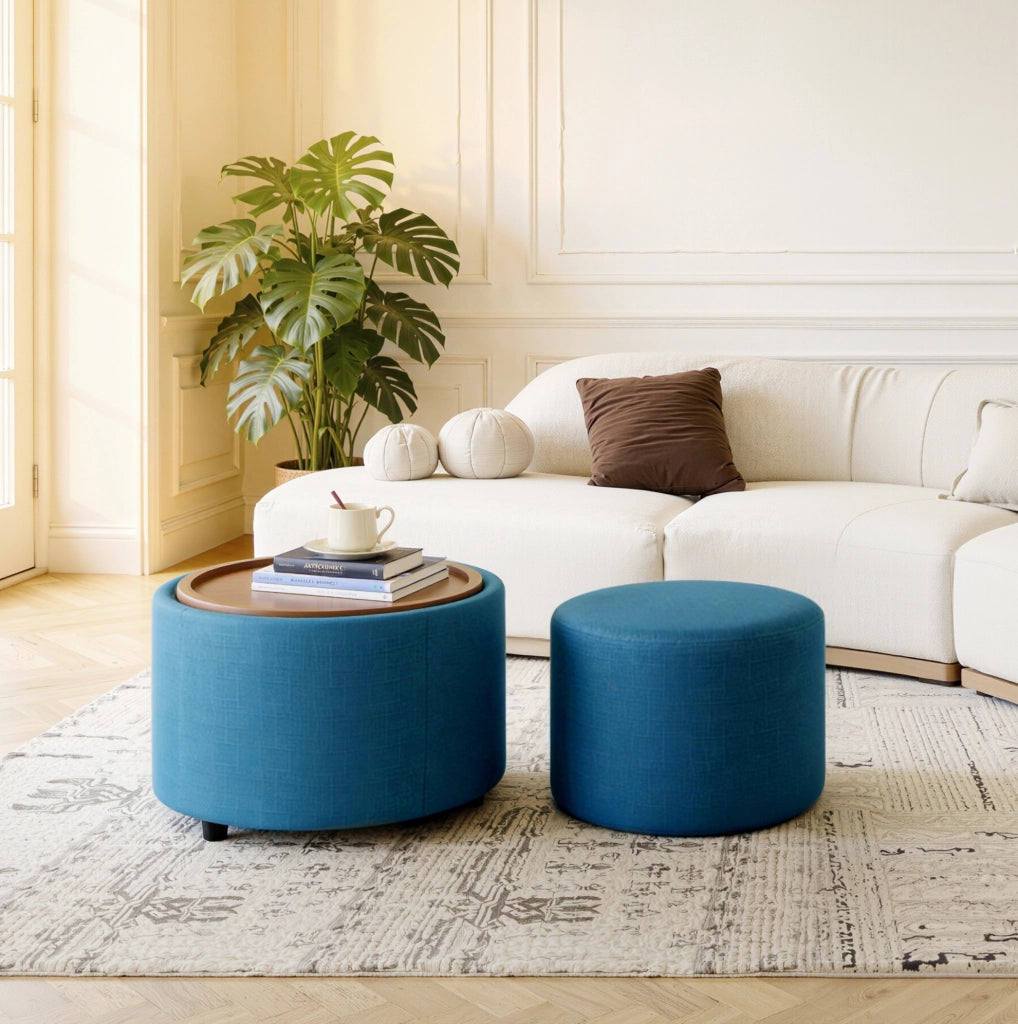 POUF Set da 2 pezzi 58 cm Blu in lino con vassoio in legno
