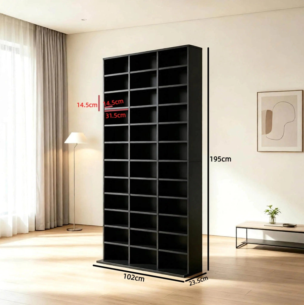 Scaffale Stand per Media in MDF Nero, Capiente per CD e DVD, 102x23,5x195 cm