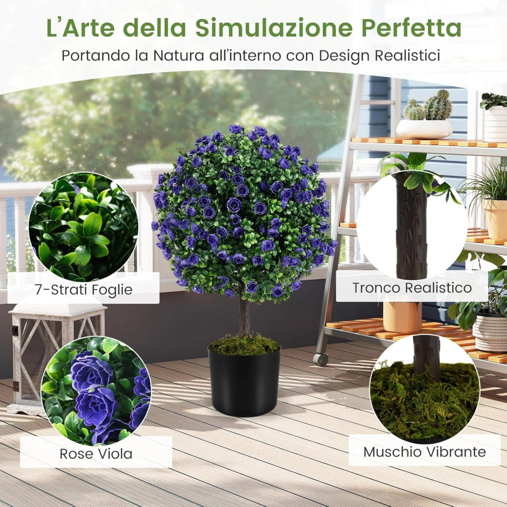 Set di 2 Alberi di Topiario Artificiale con Rose Viola, Albero di Bosso Finto da 55 cm con Vaso Riempito di Cemento, Pianta Finta Resistente al Sole per Interni ed Esterni