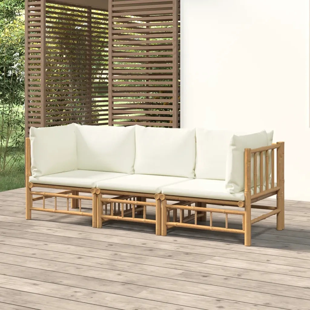 Set Salotto da Giardino 3pz con Cuscini Bianco Crema in Bambù 3155183