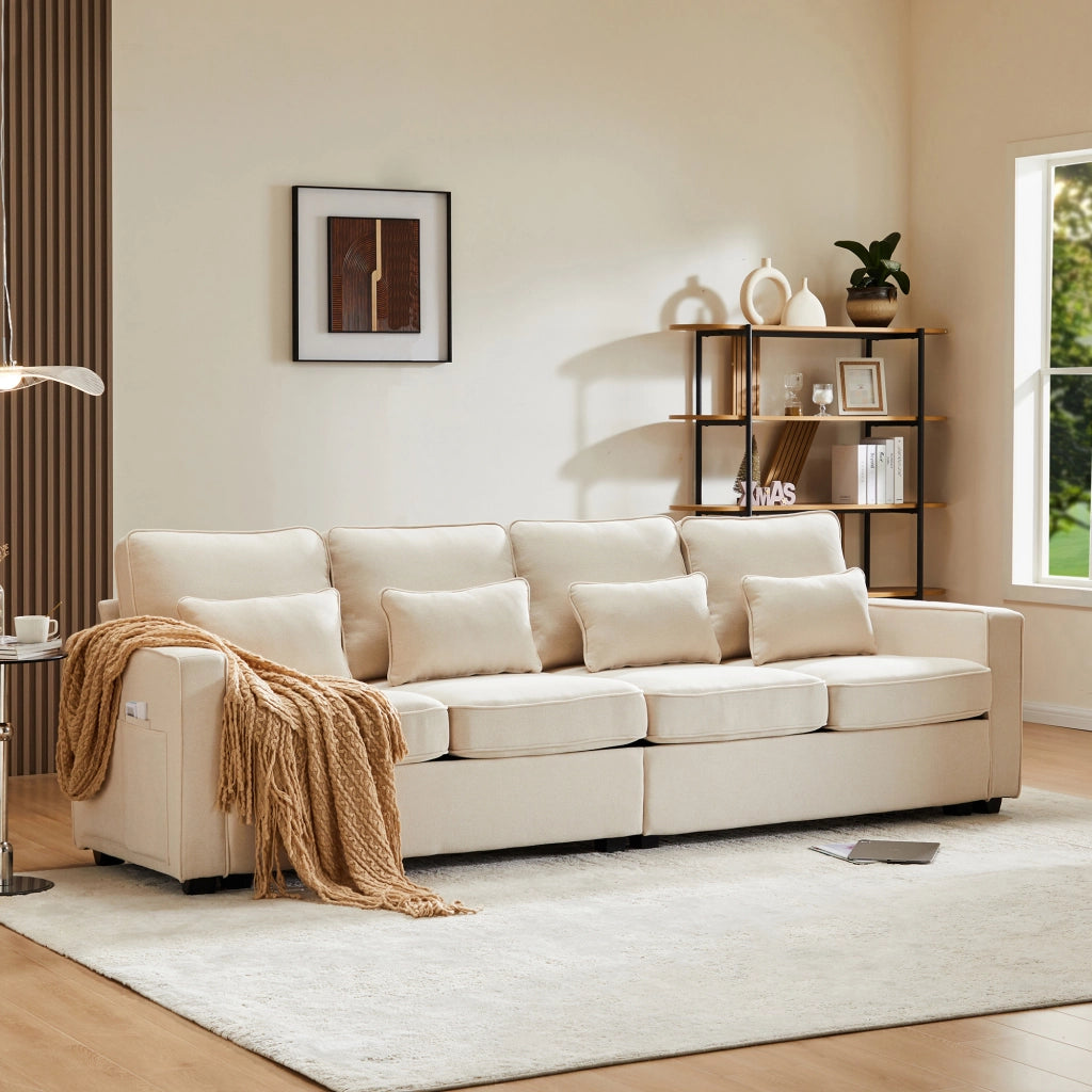Divano 4 posti in tessuto di lino beige con tasche laterali e 4 cuscini, 264x83x87 cm