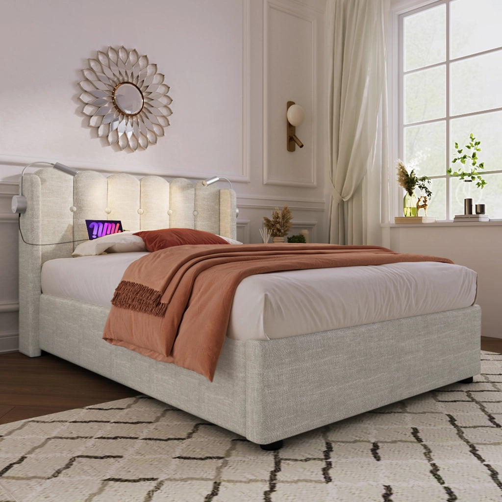 Letto singolo 90x200 imbottito in lino con contenitore